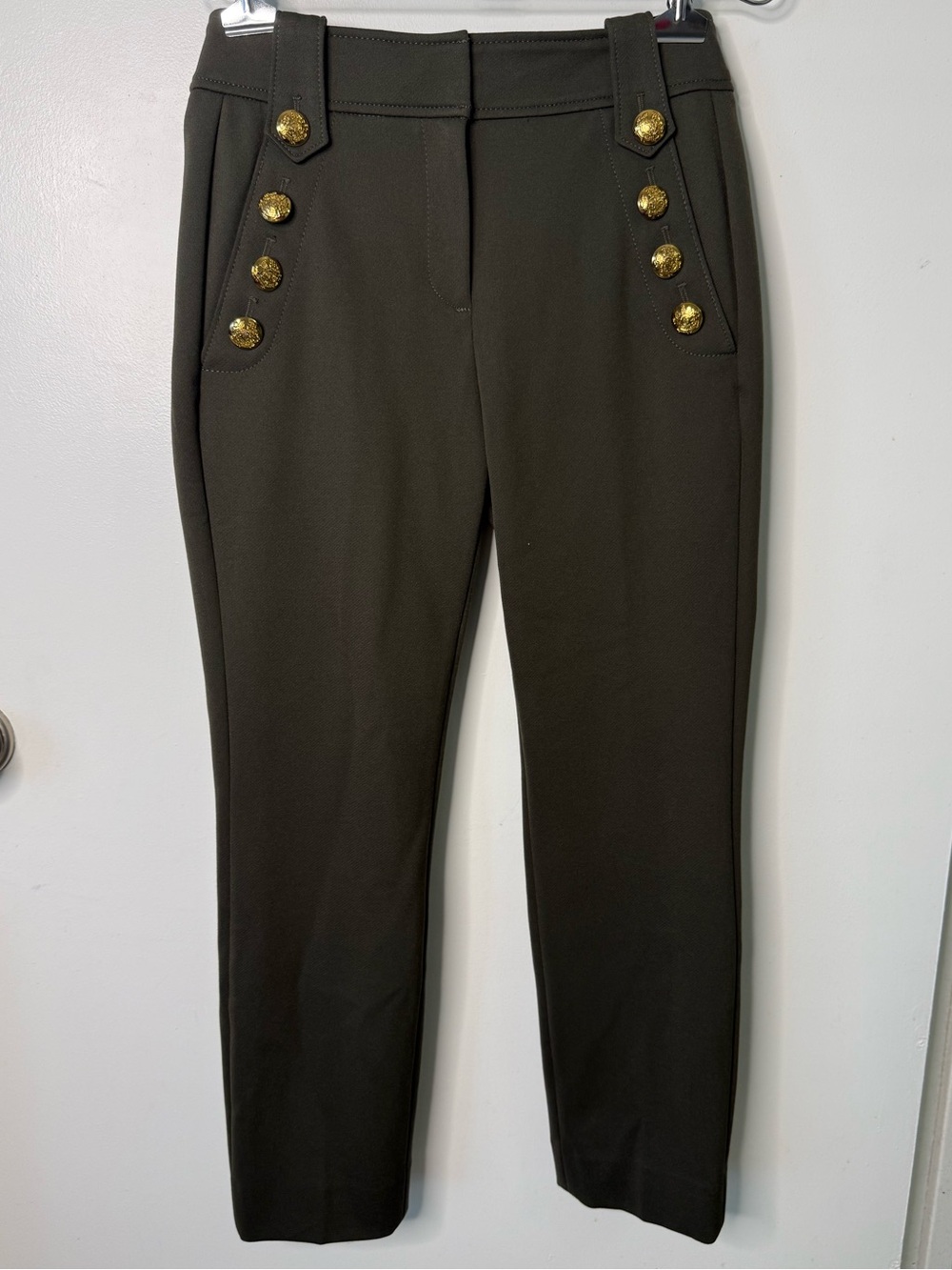 White House Black Market Jolie Straight Pants Olive Green Gold Button Military
